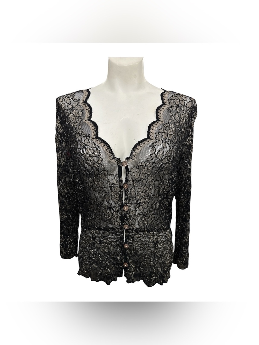 Black Lace Button-Front Long Sleeve Top Size L